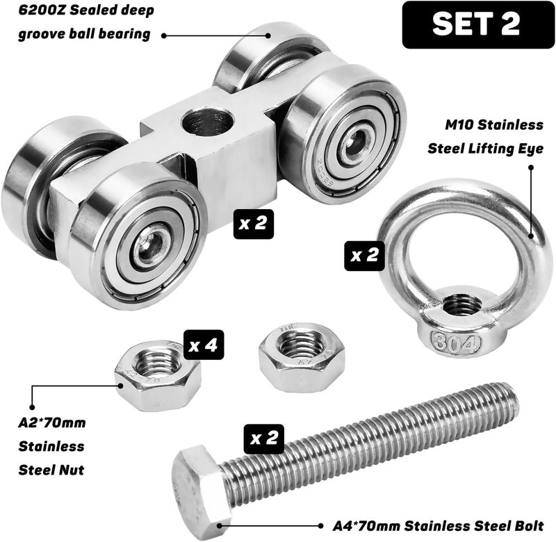 TPHUC Store 4 Wheels Trolley Assembly Rollers, 4 Bearings Trolley Assembly for 1-5/8" Wide and All 1-5/8" or Taller Unistrut Strut Channel with M10 Bolt and Lifting Eye Nuts (Pack of 2) - Image 5